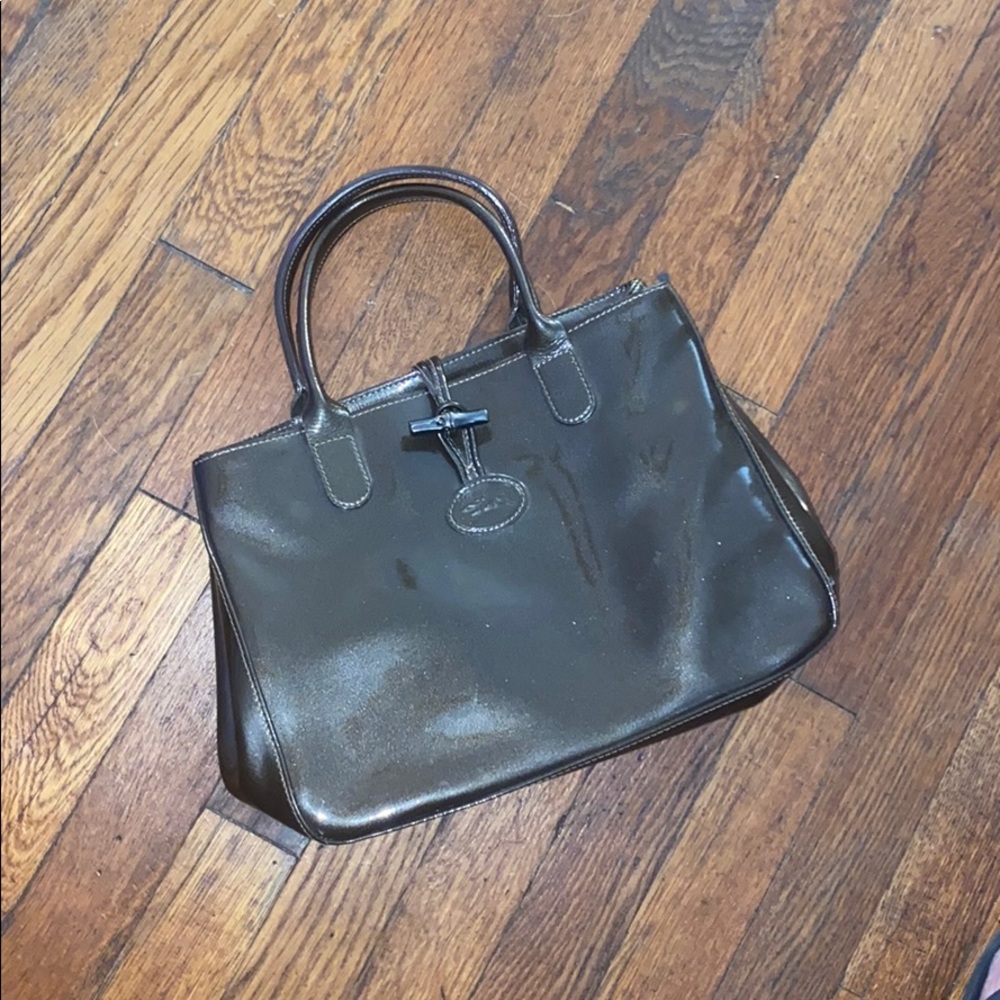 Longchamp brown patent leather satchel toggle